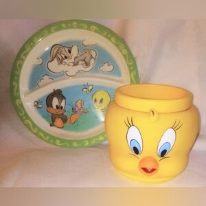 Vtg Tweety Bird 3D Face Mug and Looney Tunes Toddler Plate